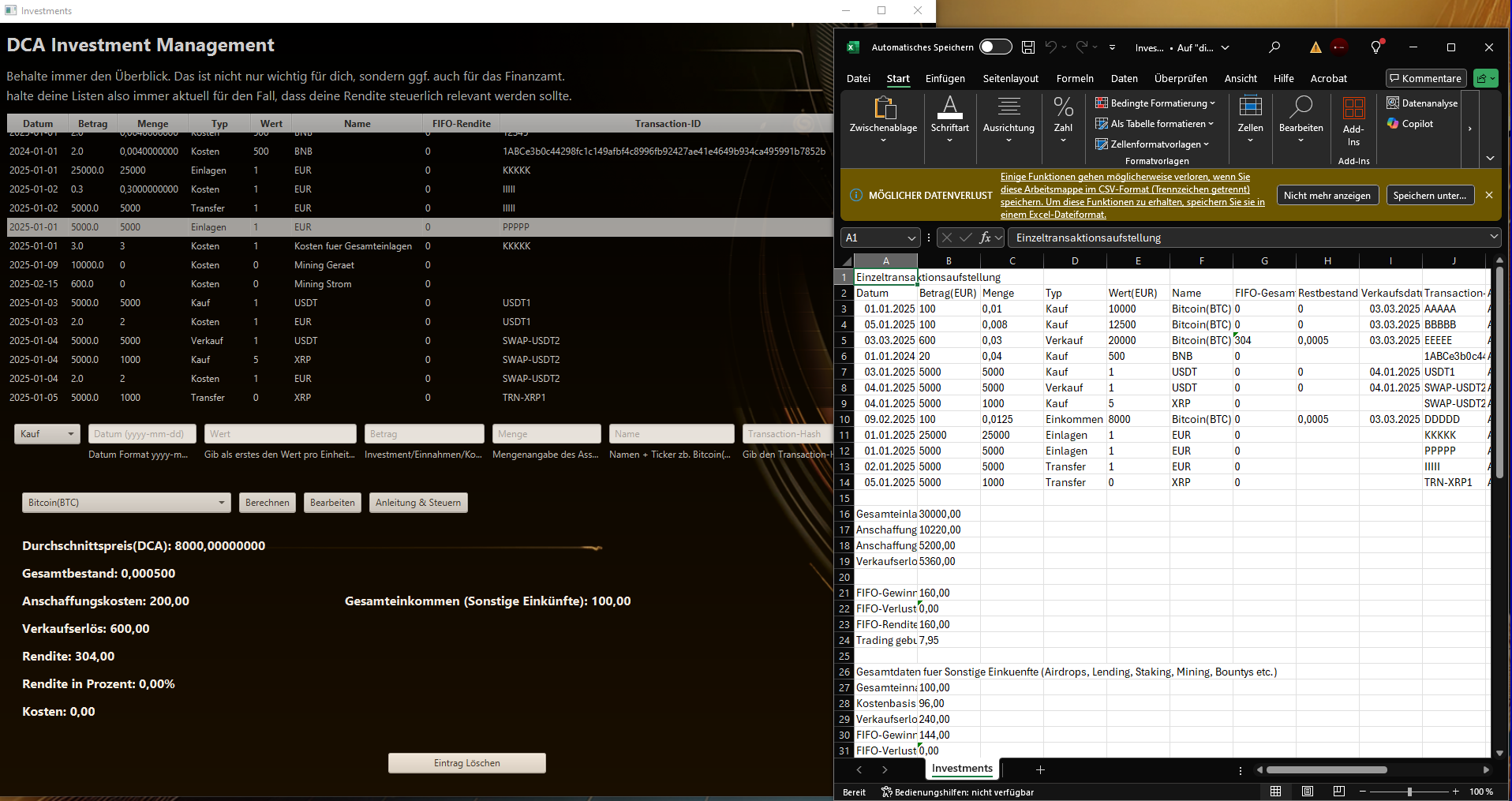 Investment-Liste Screenshot